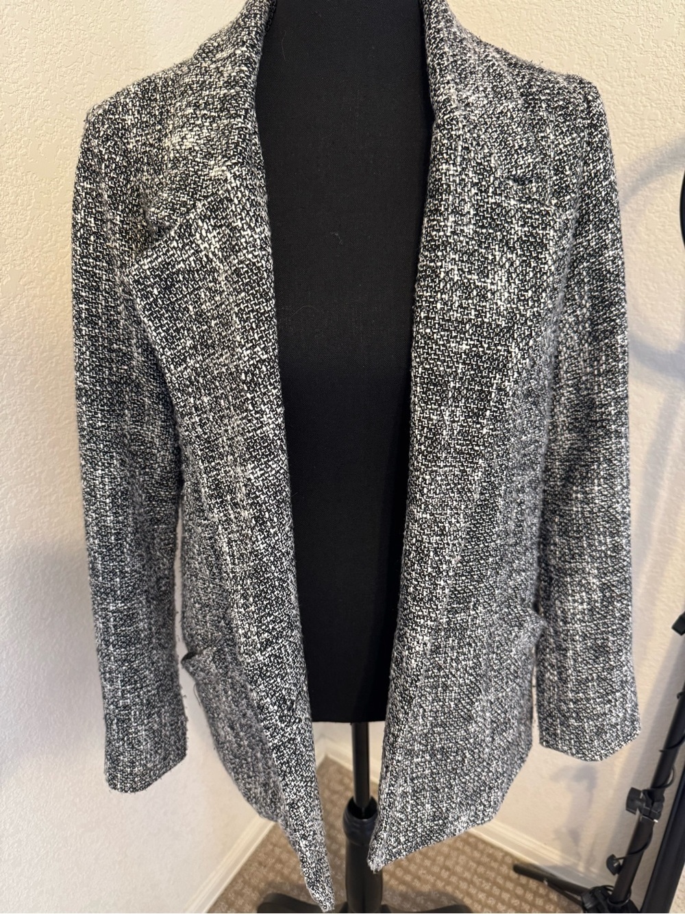 Lucky Brand Black White Tweed Open Front Blazer Jacket Women’s Small Classic